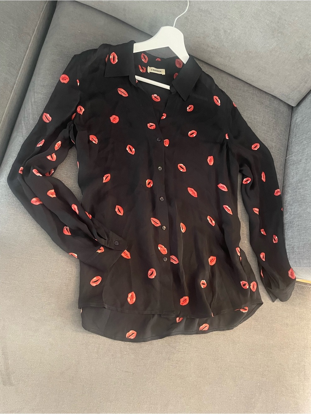 L'AGENCE Black Button-Down Blouse with Red Kiss Print
